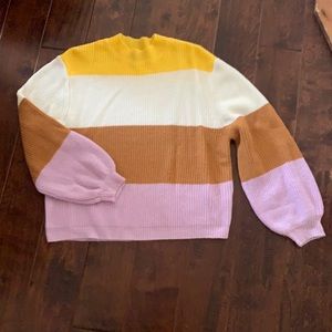 striped crew neck sweater with balloon sleeves